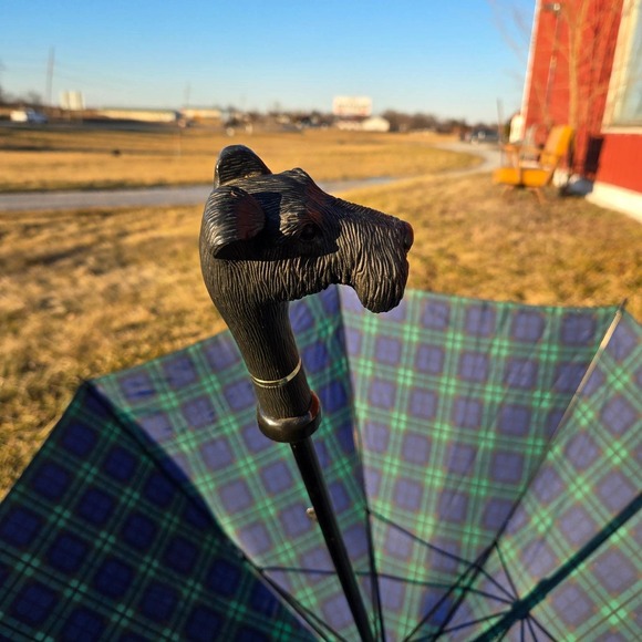 Aramis Tartan Plaid Umbrella Scottie Dog Handle Blue Green Scottish Terrier - Picture 6 of 10